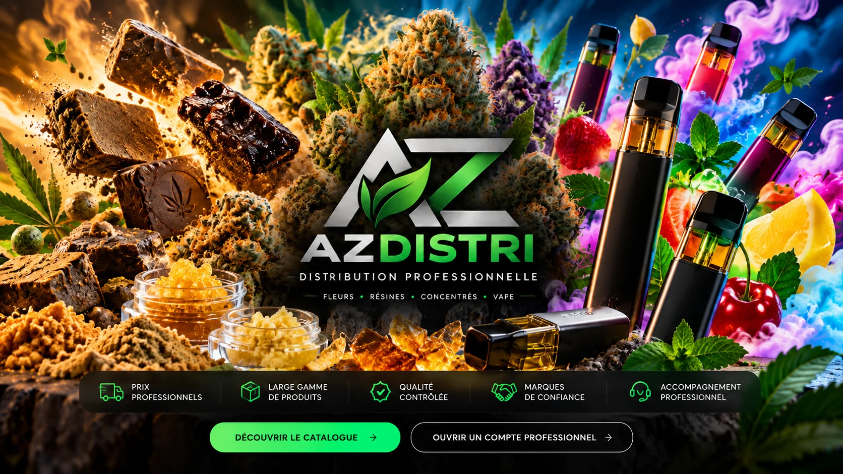 Univers visuel AZDISTRI : fleurs, résines et concentrés